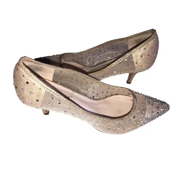 Kitten Heel Crystal Studded Pumps Size 8 Mesh Hurley Davids Bridal Nude Wedding - Picture 1 of 8